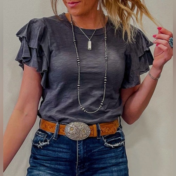 Gray Women's Top with Ruffle Sleeves - Picture 2 of 4